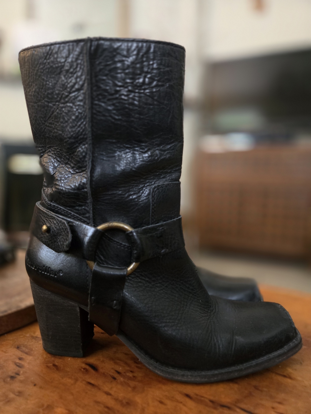 Black Leather Mid-Calf Heeled Boots